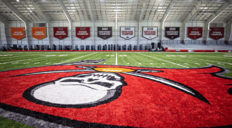 The empty indoor practice field and training facility of the Tampa Bay Buccaneers.
