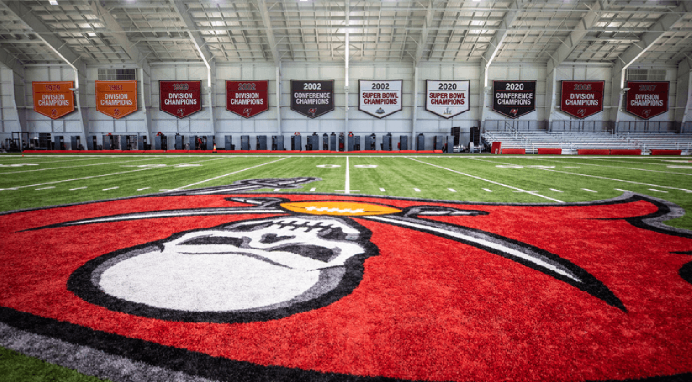 The empty indoor practice field and training facility of the Tampa Bay Buccaneers.